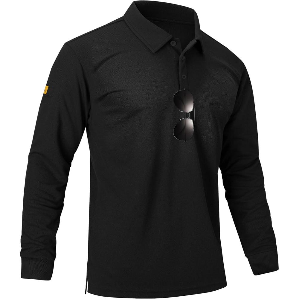 imageZITY Mens Long Sleeve Polo Shirts 3 Button with Pocket Lightweight Golf Breathable Solid Color Designed Collared Casual TeeBlack