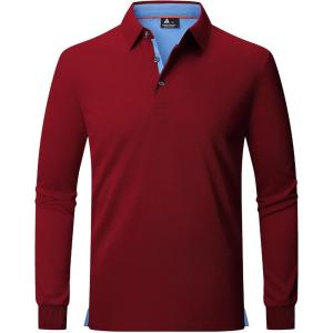 ZITY Long Sleeve Polo Shirts for Men 3 Pack Collared Performance Golf Polos Mens Casual Shirts Moisture Wicking Workwear(Red)