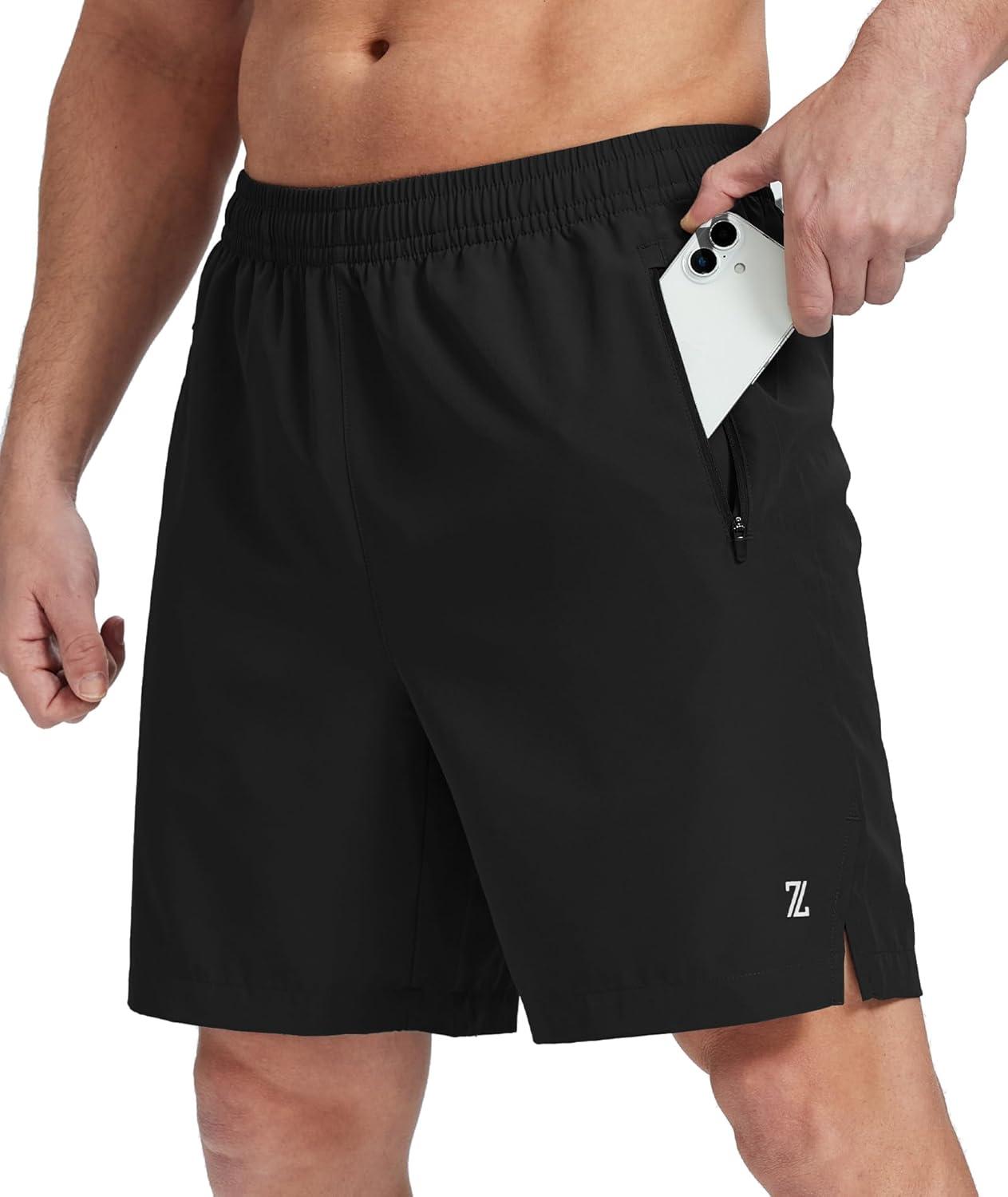 imageZITY Mens Running Shorts Quick Dry Lightweight 7 Athletic Shorts with Zipper Pockets for Basketball HikingBlack