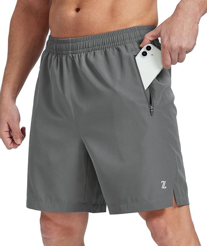 imageZITY Mens Running Shorts Quick Dry Lightweight 7 Athletic Shorts with Zipper Pockets for Basketball HikingGrey