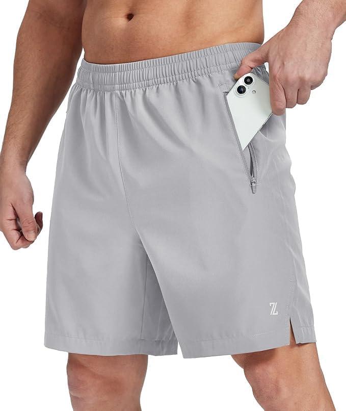 imageZITY Mens Running Shorts Quick Dry Lightweight 7 Athletic Shorts with Zipper Pockets for Basketball HikingLight Grey