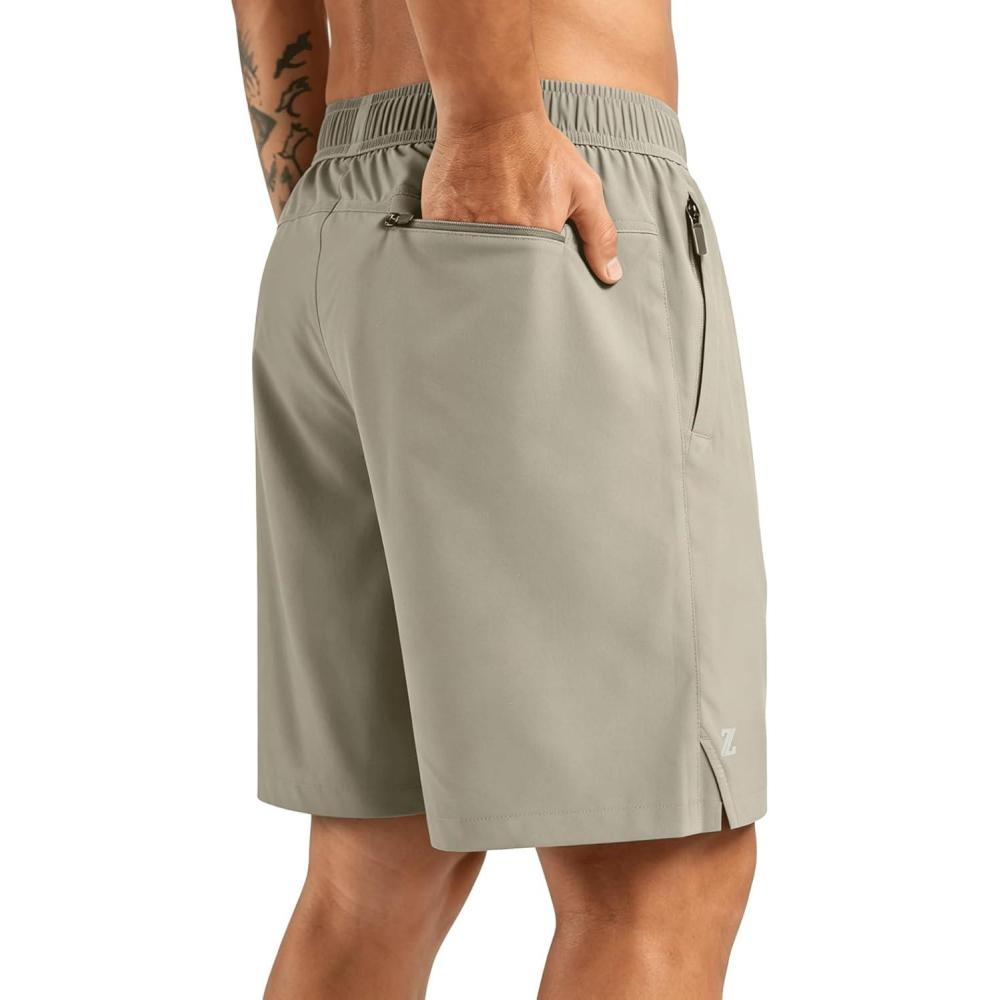 imageZITY Mens Running Shorts Quick Dry Lightweight 7 Athletic Shorts with Zipper Pockets for Basketball HikingLight Khaki