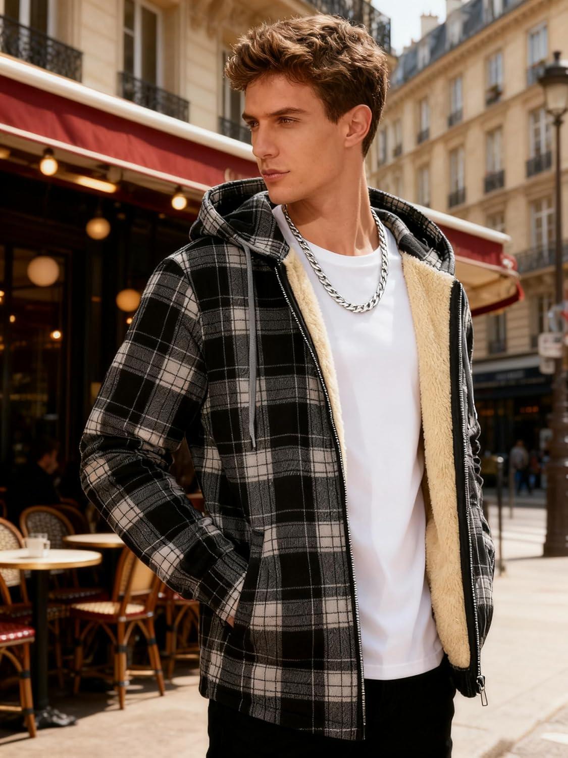 imageMens Cotton Plaid Shirts Jacket Flannel Fleece Lined Hoodies Sherpa Zip Up Hoodie with PocketBlack White