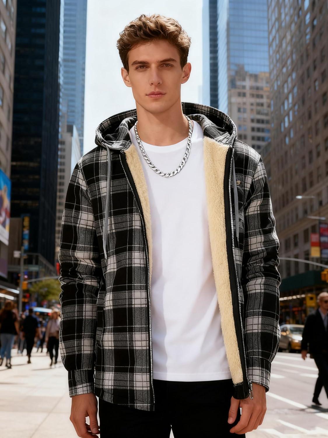 imageMens Cotton Plaid Shirts Jacket Flannel Fleece Lined Hoodies Sherpa Zip Up Hoodie with PocketBlack White