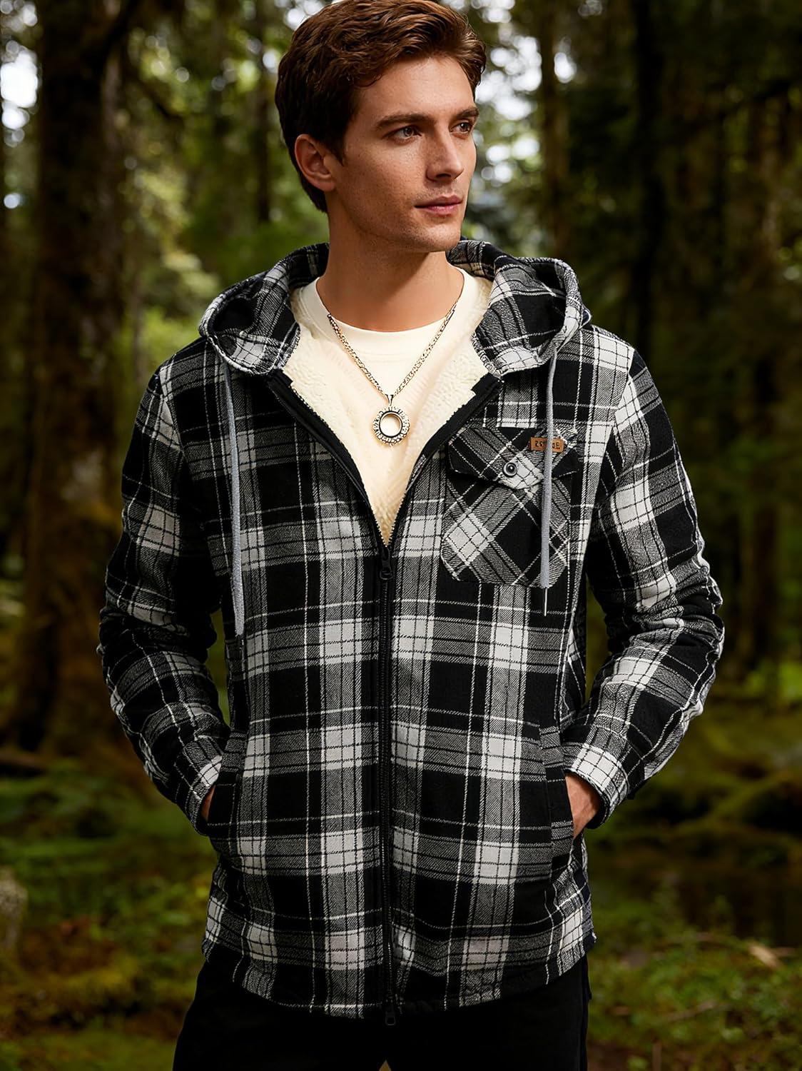 imageMens Cotton Plaid Shirts Jacket Flannel Fleece Lined Hoodies Sherpa Zip Up Hoodie with PocketBlack White