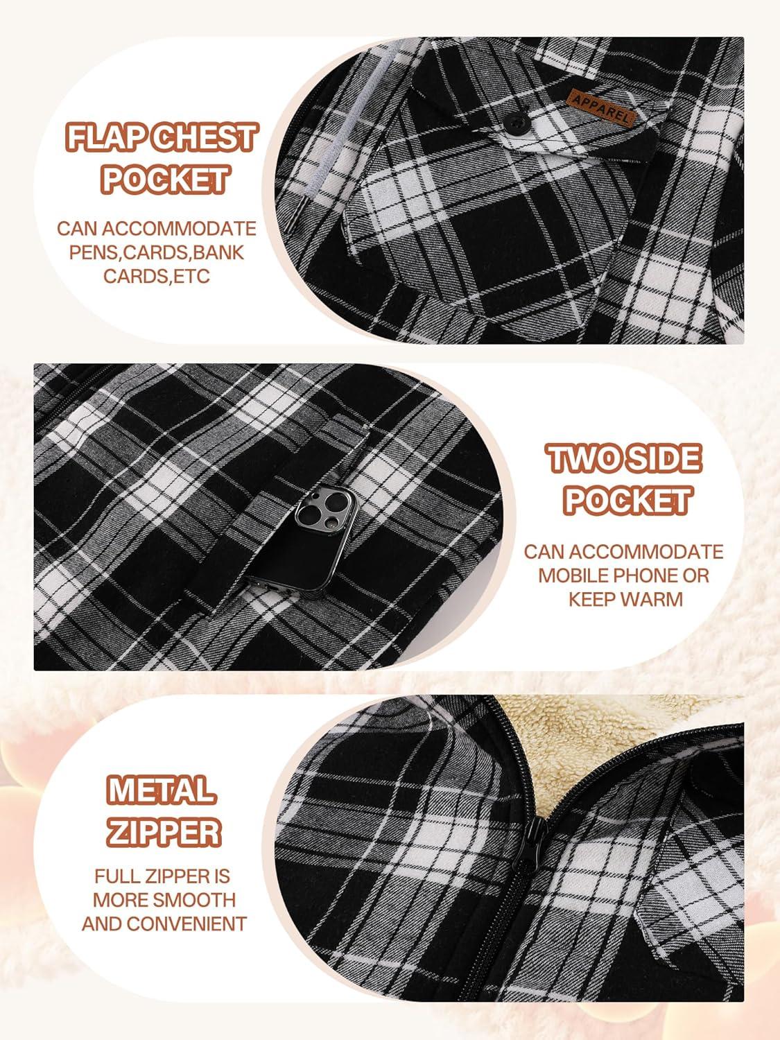 imageMens Cotton Plaid Shirts Jacket Flannel Fleece Lined Hoodies Sherpa Zip Up Hoodie with PocketBlack White