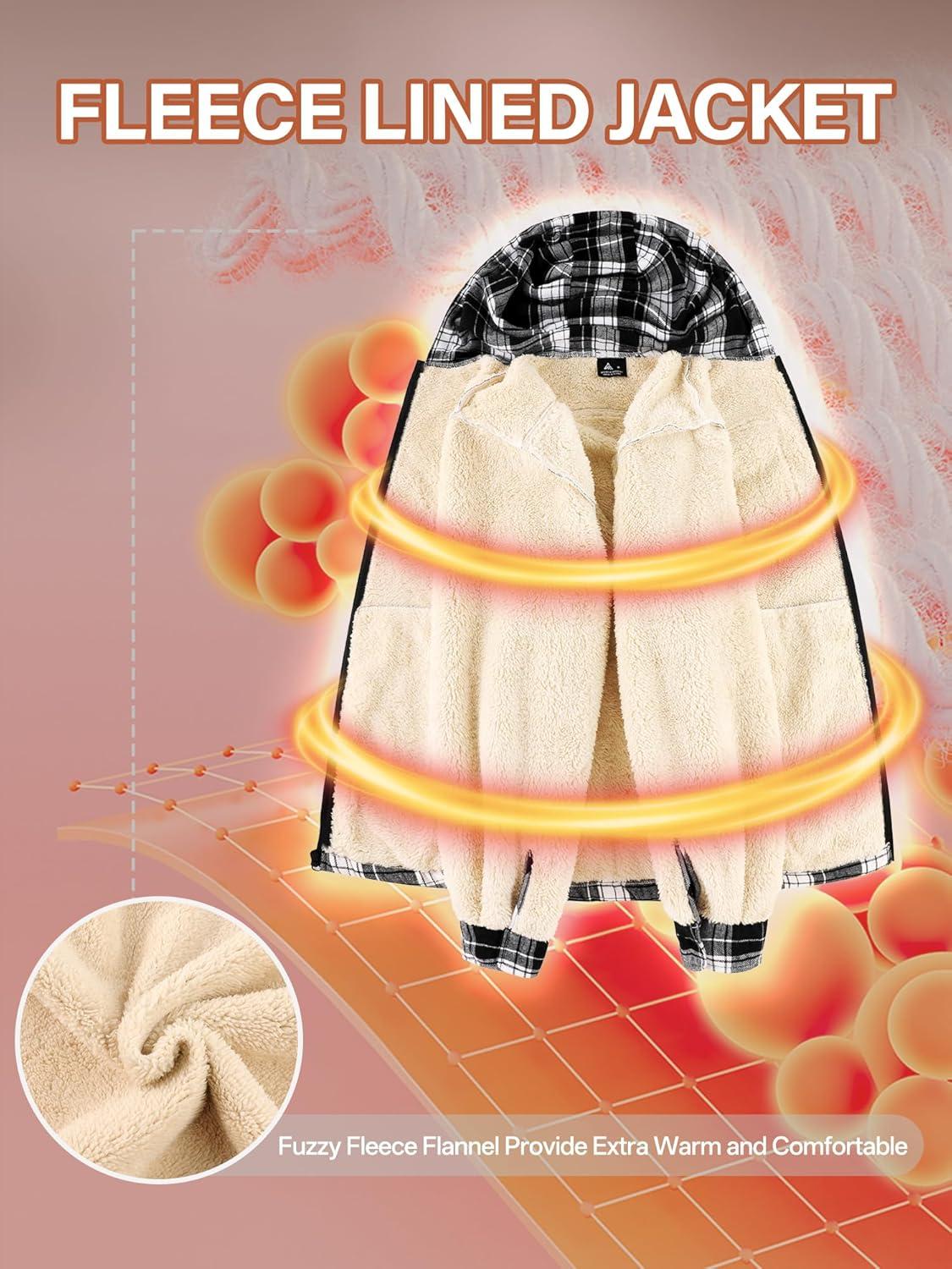 imageMens Cotton Plaid Shirts Jacket Flannel Fleece Lined Hoodies Sherpa Zip Up Hoodie with PocketBlack White