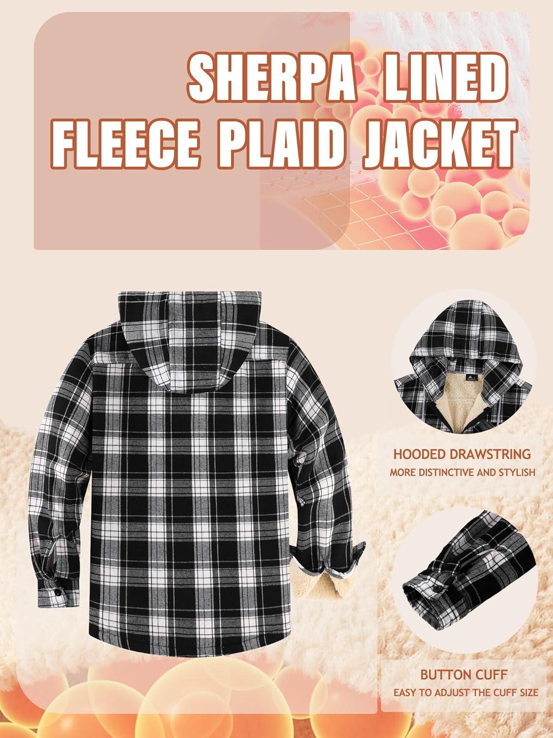 imageMens Cotton Plaid Shirts Jacket Flannel Fleece Lined Hoodies Sherpa Zip Up Hoodie with PocketBlack White