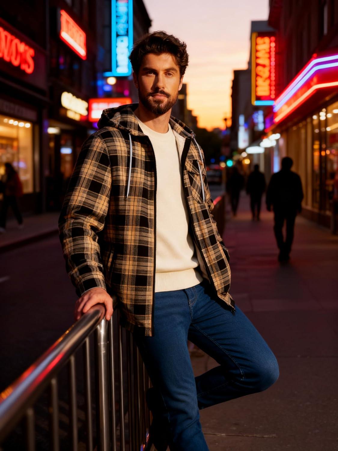 imageMens Cotton Plaid Shirts Jacket Flannel Fleece Lined Hoodies Sherpa Zip Up Hoodie with PocketBlack Yellow
