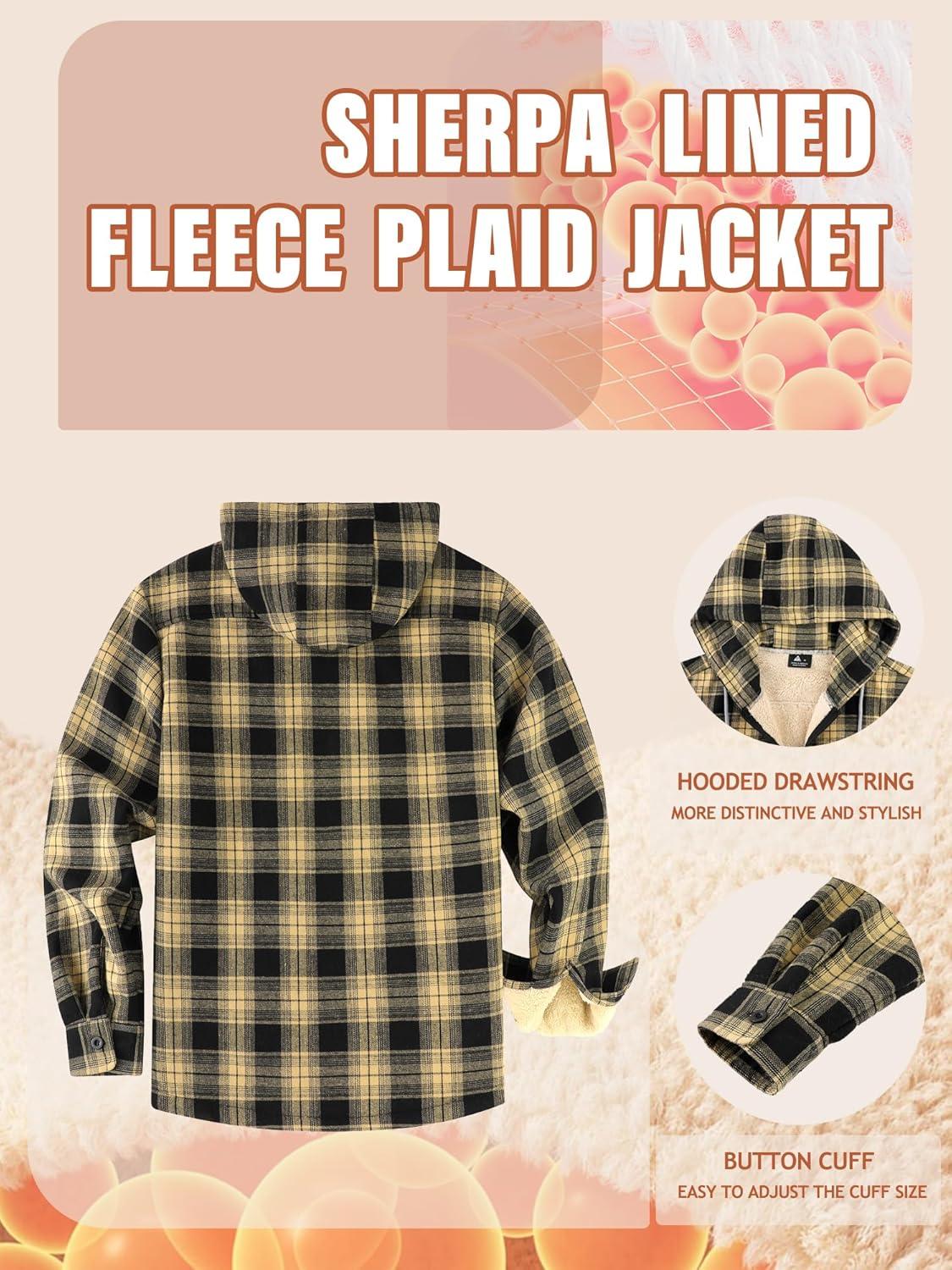 imageMens Cotton Plaid Shirts Jacket Flannel Fleece Lined Hoodies Sherpa Zip Up Hoodie with PocketBlack Yellow