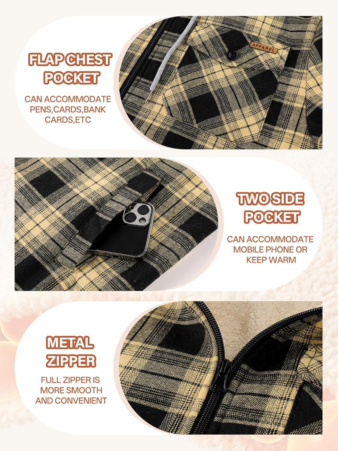 imageMens Cotton Plaid Shirts Jacket Flannel Fleece Lined Hoodies Sherpa Zip Up Hoodie with PocketBlack Yellow