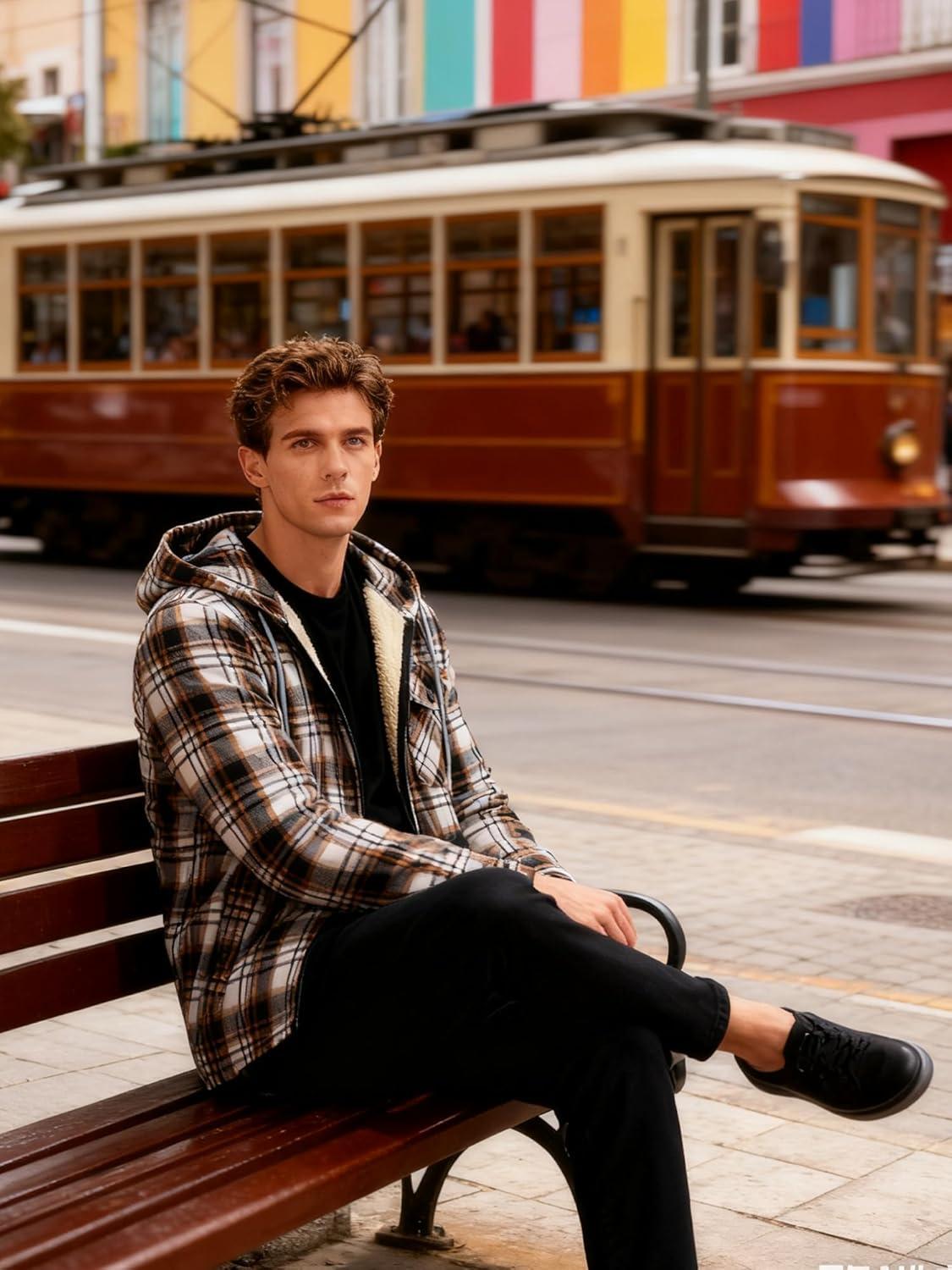 imageMens Cotton Plaid Shirts Jacket Flannel Fleece Lined Hoodies Sherpa Zip Up Hoodie with PocketBrown White