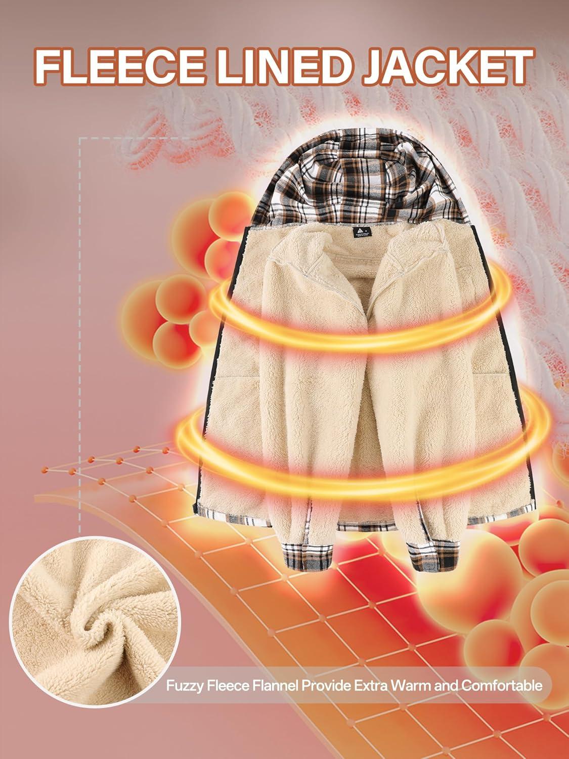 imageMens Cotton Plaid Shirts Jacket Flannel Fleece Lined Hoodies Sherpa Zip Up Hoodie with PocketBrown White