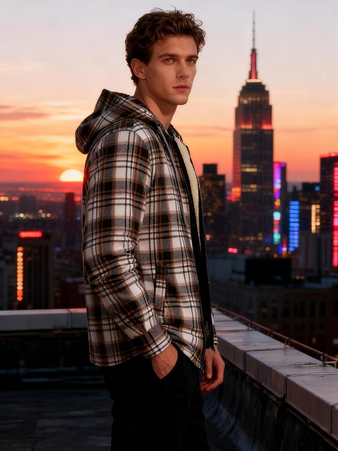 imageMens Cotton Plaid Shirts Jacket Flannel Fleece Lined Hoodies Sherpa Zip Up Hoodie with PocketBrown White