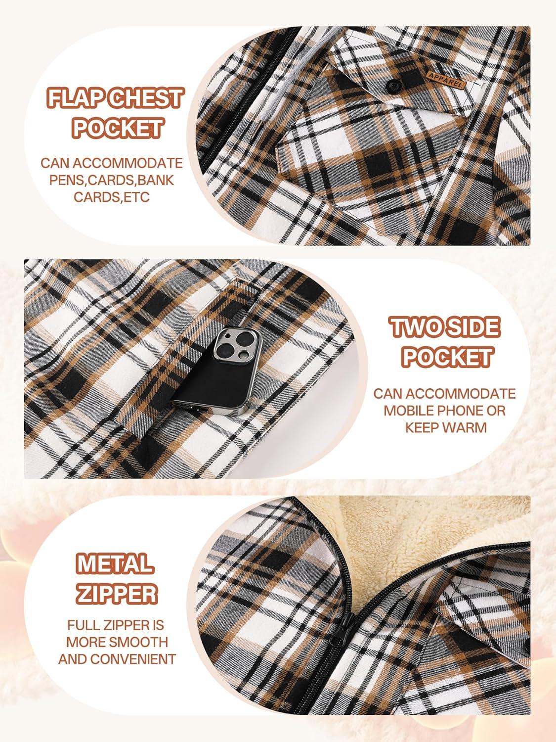 imageMens Cotton Plaid Shirts Jacket Flannel Fleece Lined Hoodies Sherpa Zip Up Hoodie with PocketBrown White
