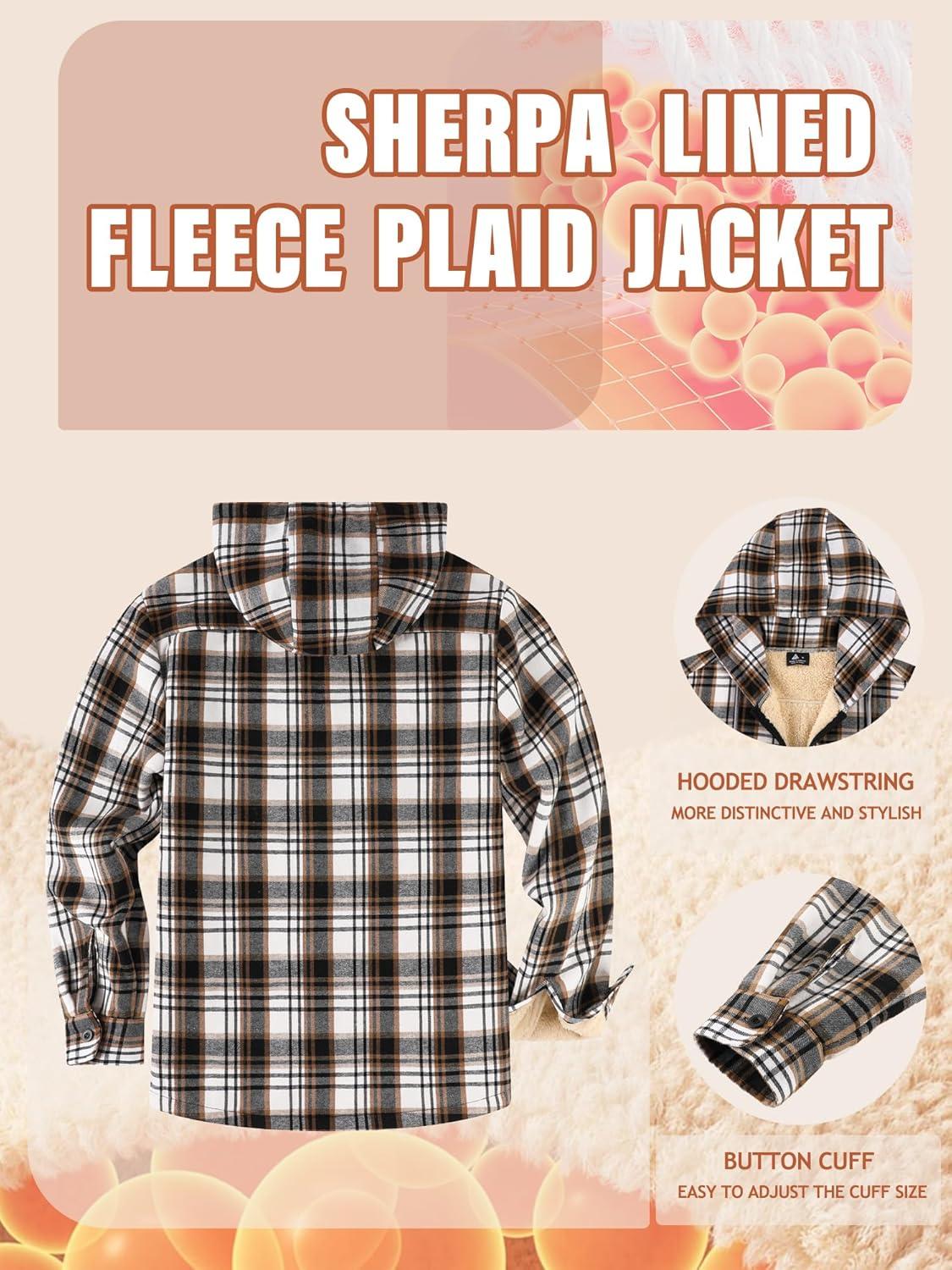 imageMens Cotton Plaid Shirts Jacket Flannel Fleece Lined Hoodies Sherpa Zip Up Hoodie with PocketBrown White