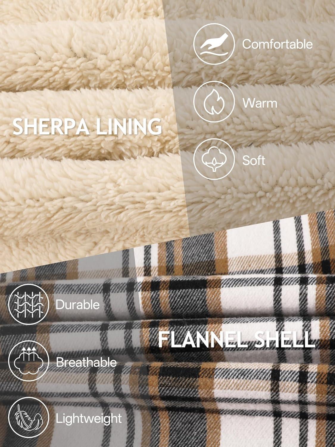 imageMens Cotton Plaid Shirts Jacket Flannel Fleece Lined Hoodies Sherpa Zip Up Hoodie with PocketBrown White