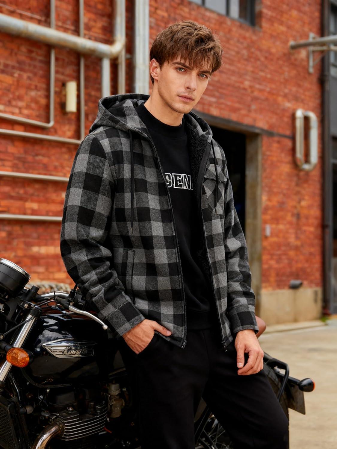 imageMens Cotton Plaid Shirts Jacket Flannel Fleece Lined Hoodies Sherpa Zip Up Hoodie with PocketDark Grey