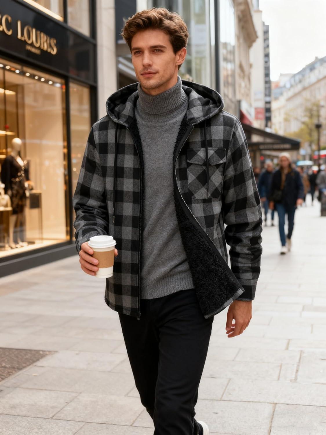 imageMens Cotton Plaid Shirts Jacket Flannel Fleece Lined Hoodies Sherpa Zip Up Hoodie with PocketDark Grey