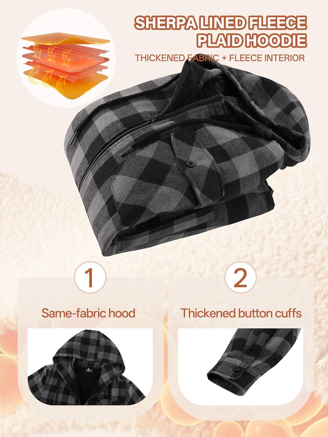 imageMens Cotton Plaid Shirts Jacket Flannel Fleece Lined Hoodies Sherpa Zip Up Hoodie with PocketDark Grey