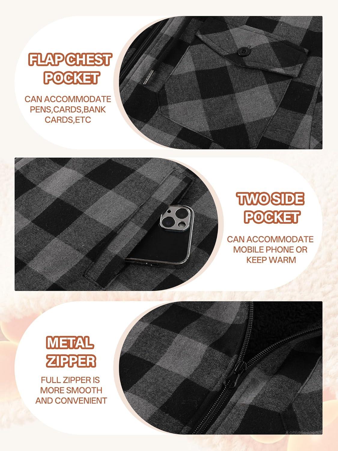 imageMens Cotton Plaid Shirts Jacket Flannel Fleece Lined Hoodies Sherpa Zip Up Hoodie with PocketDark Grey