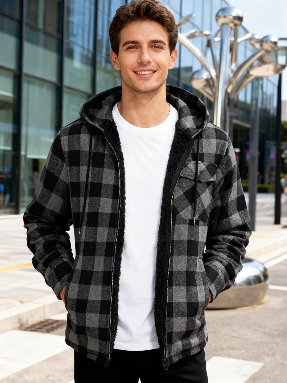 imageMens Cotton Plaid Shirts Jacket Flannel Fleece Lined Hoodies Sherpa Zip Up Hoodie with PocketDark Grey