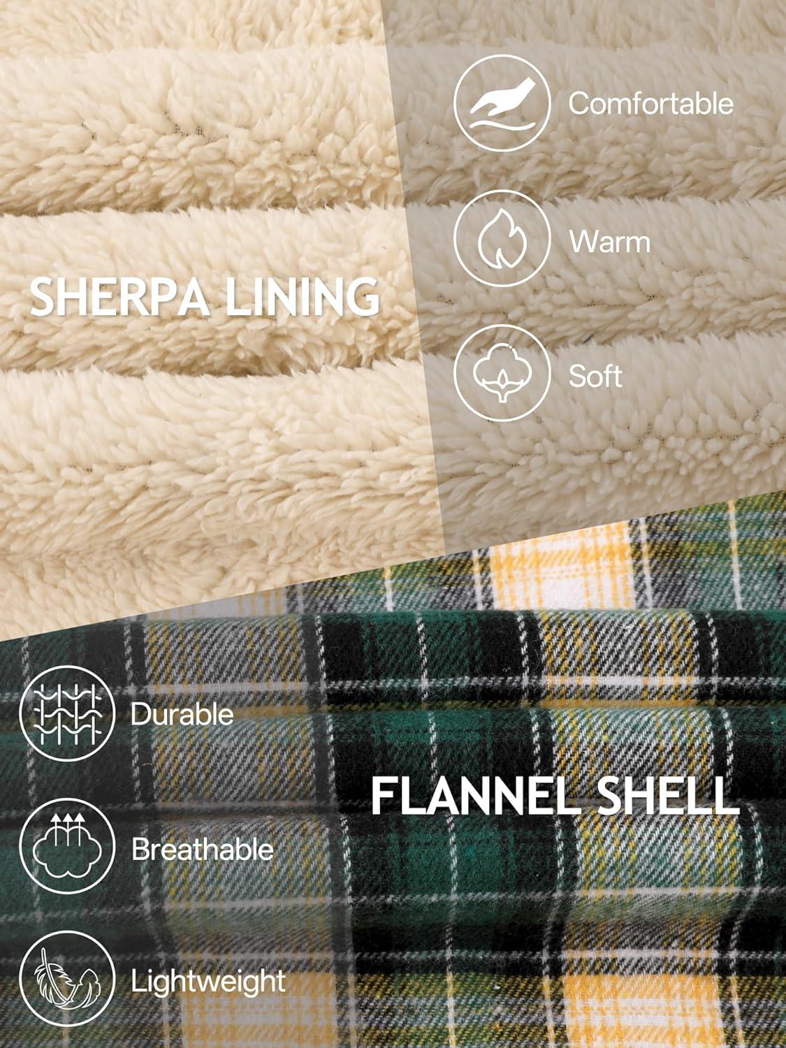 imageMens Cotton Plaid Shirts Jacket Flannel Fleece Lined Hoodies Sherpa Zip Up Hoodie with PocketGreen Yellow