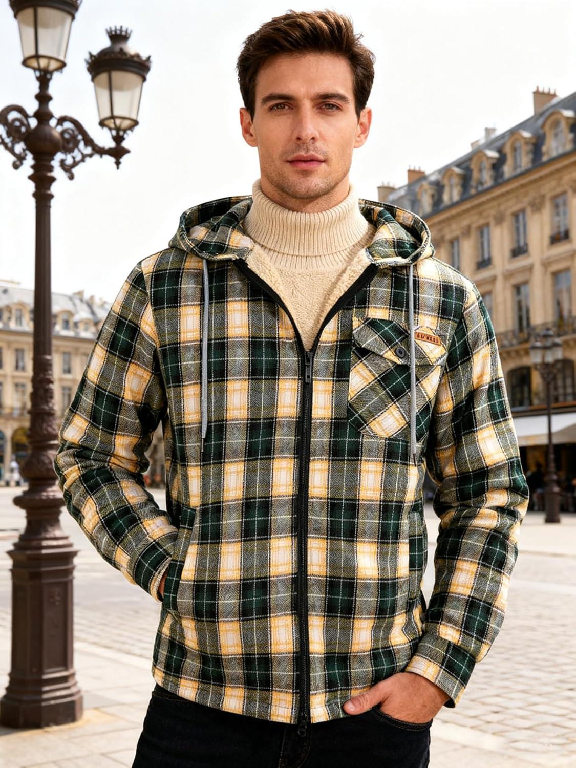 imageMens Cotton Plaid Shirts Jacket Flannel Fleece Lined Hoodies Sherpa Zip Up Hoodie with PocketGreen Yellow