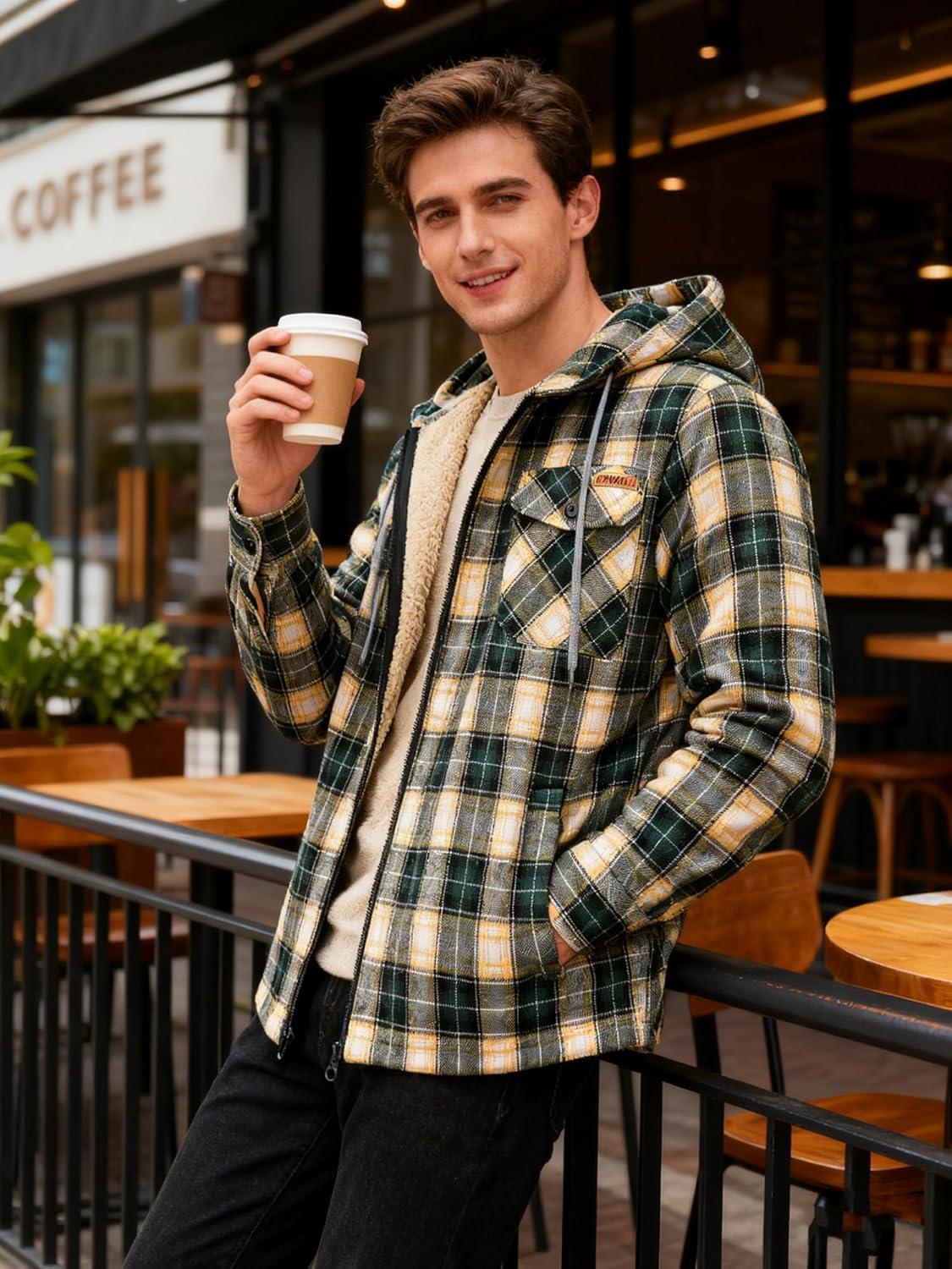 imageMens Cotton Plaid Shirts Jacket Flannel Fleece Lined Hoodies Sherpa Zip Up Hoodie with PocketGreen Yellow