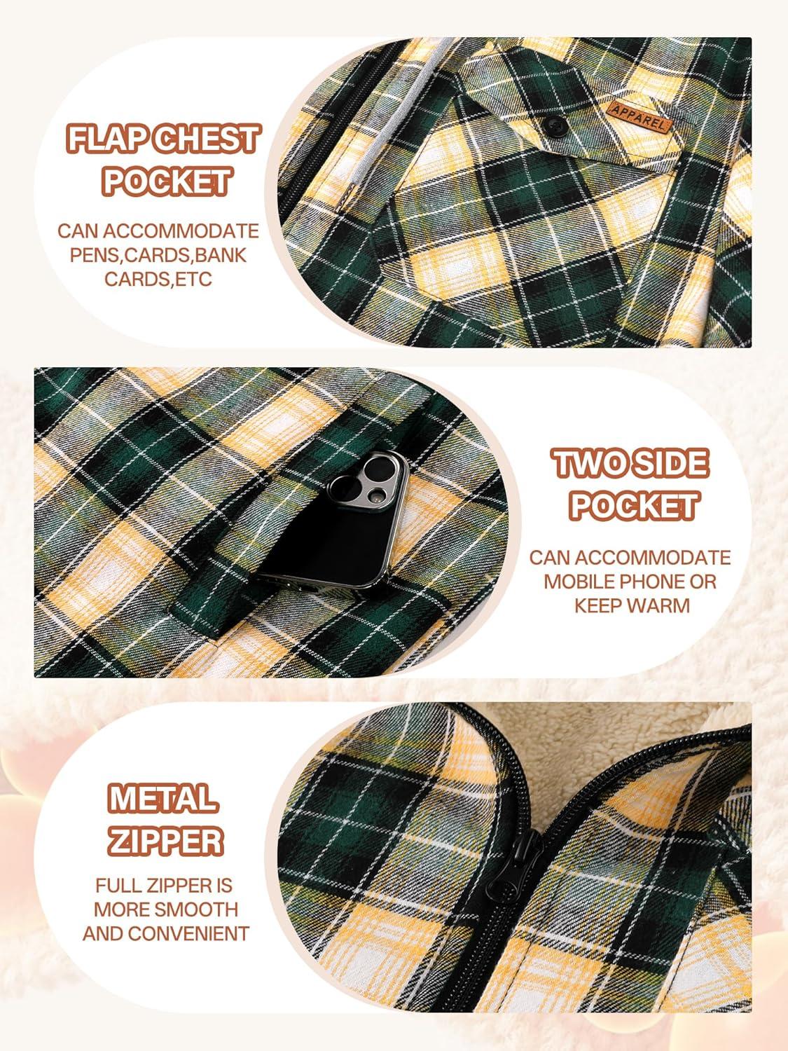 imageMens Cotton Plaid Shirts Jacket Flannel Fleece Lined Hoodies Sherpa Zip Up Hoodie with PocketGreen Yellow