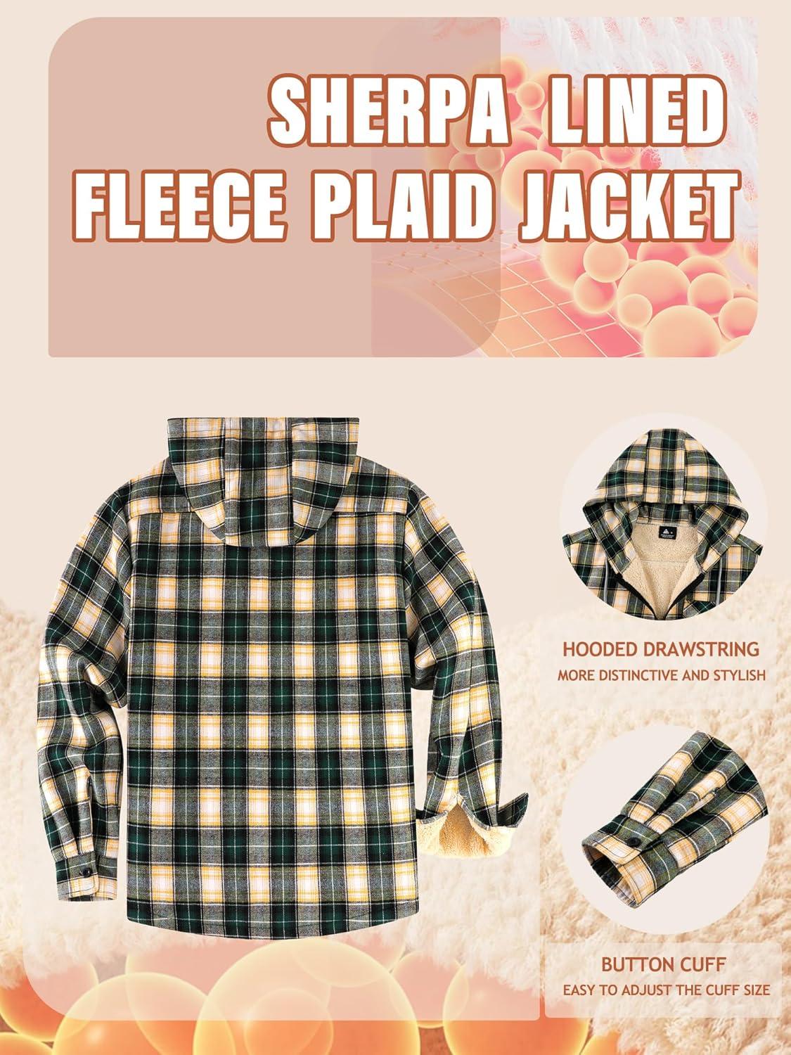 imageMens Cotton Plaid Shirts Jacket Flannel Fleece Lined Hoodies Sherpa Zip Up Hoodie with PocketGreen Yellow