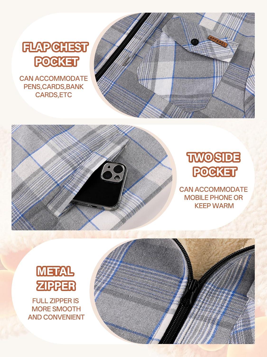 imageMens Cotton Plaid Shirts Jacket Flannel Fleece Lined Hoodies Sherpa Zip Up Hoodie with PocketGrey White