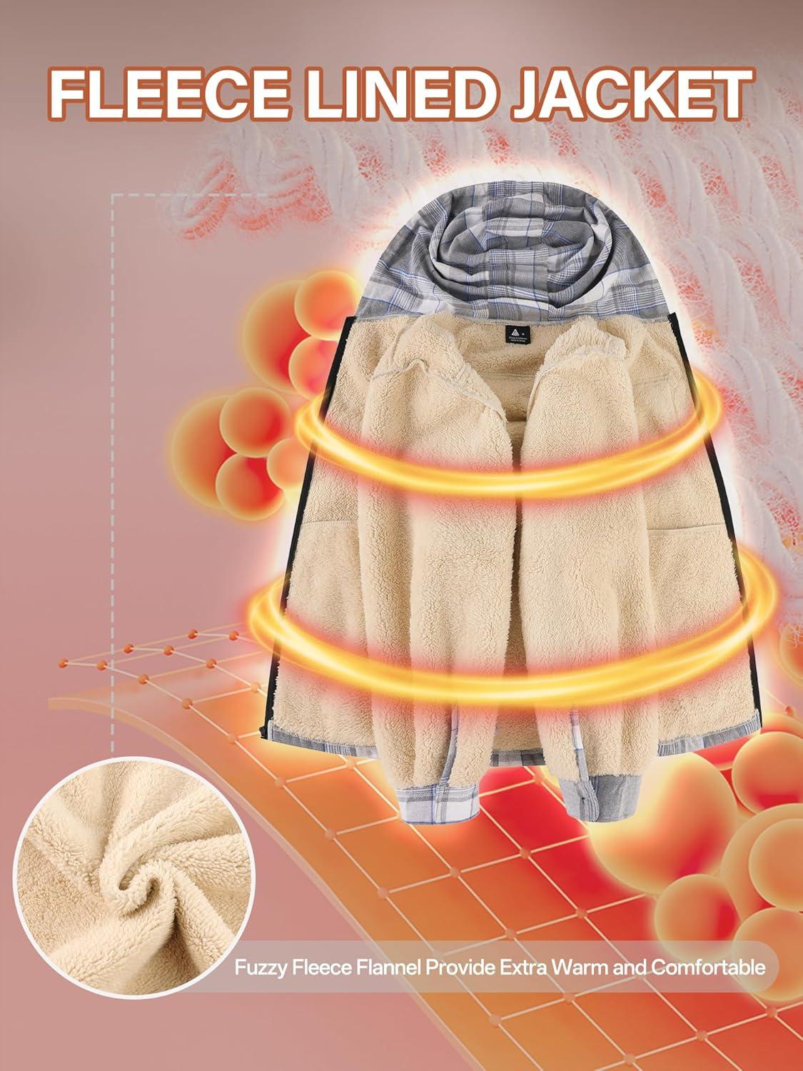 imageMens Cotton Plaid Shirts Jacket Flannel Fleece Lined Hoodies Sherpa Zip Up Hoodie with PocketGrey White