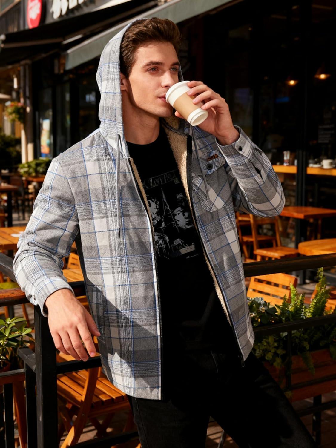 imageMens Cotton Plaid Shirts Jacket Flannel Fleece Lined Hoodies Sherpa Zip Up Hoodie with PocketGrey White