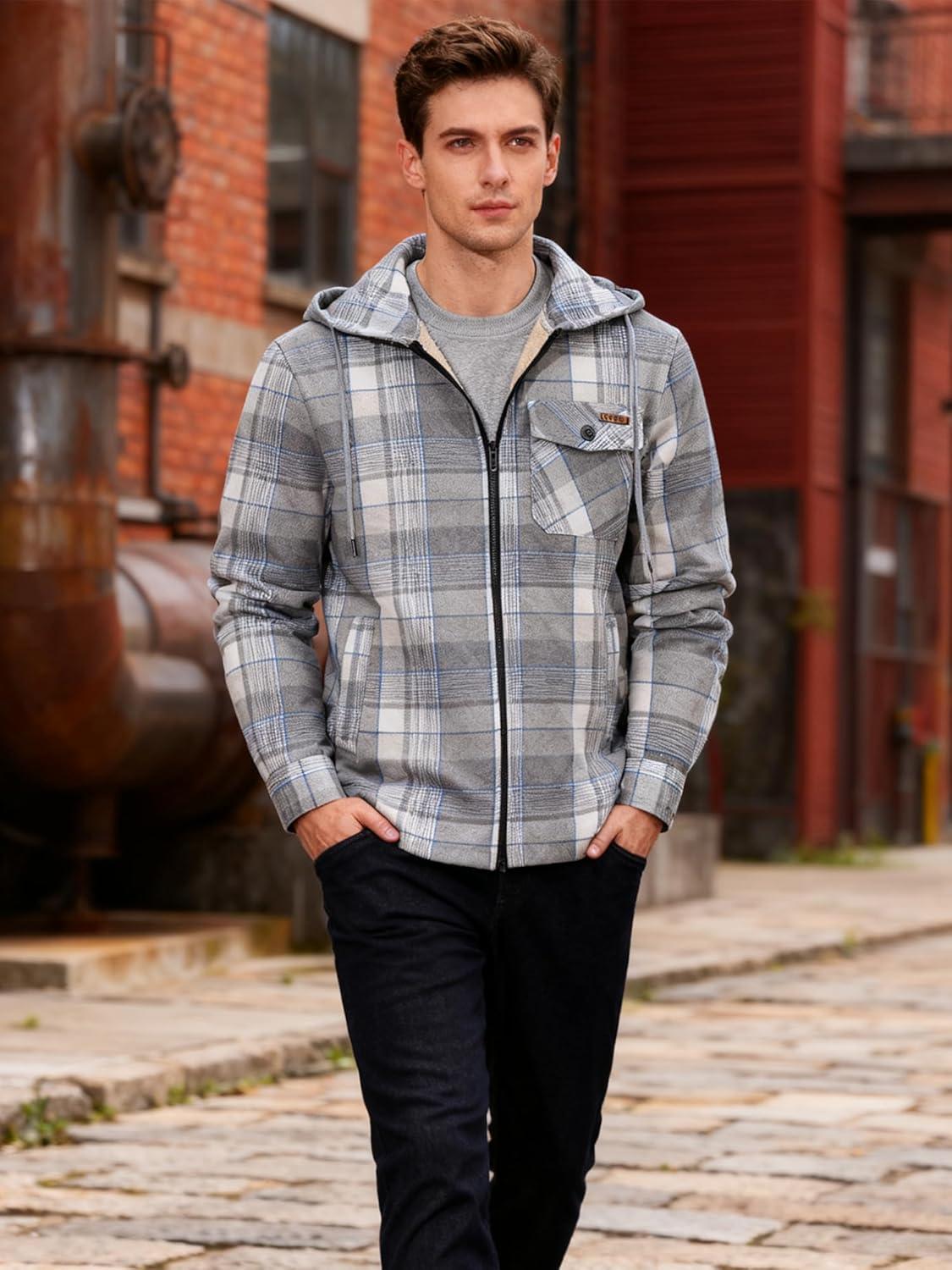 imageMens Cotton Plaid Shirts Jacket Flannel Fleece Lined Hoodies Sherpa Zip Up Hoodie with PocketGrey White