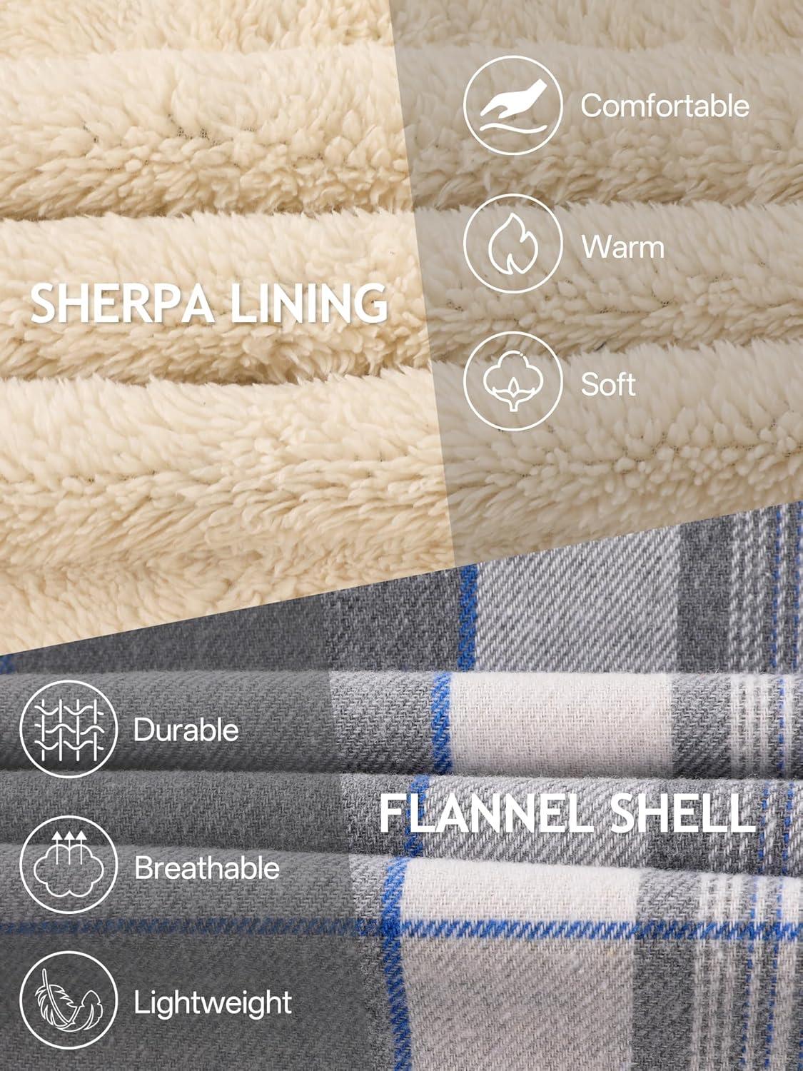 imageMens Cotton Plaid Shirts Jacket Flannel Fleece Lined Hoodies Sherpa Zip Up Hoodie with PocketGrey White