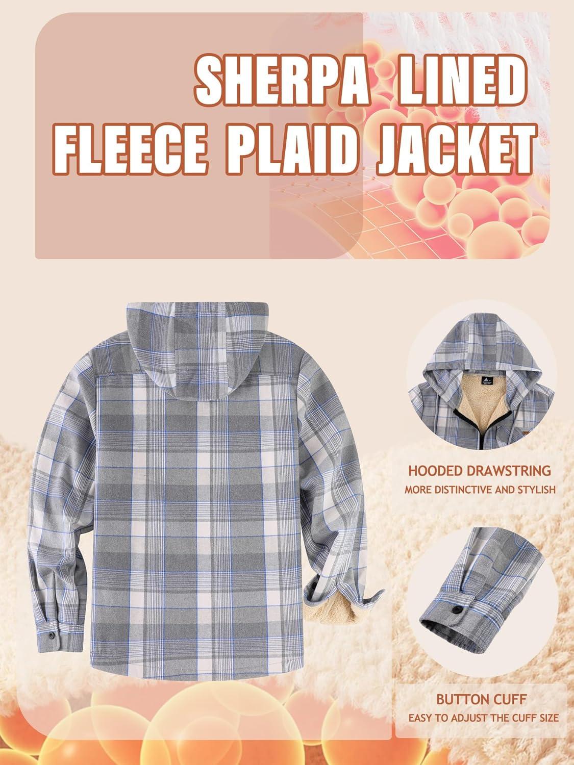 imageMens Cotton Plaid Shirts Jacket Flannel Fleece Lined Hoodies Sherpa Zip Up Hoodie with PocketGrey White