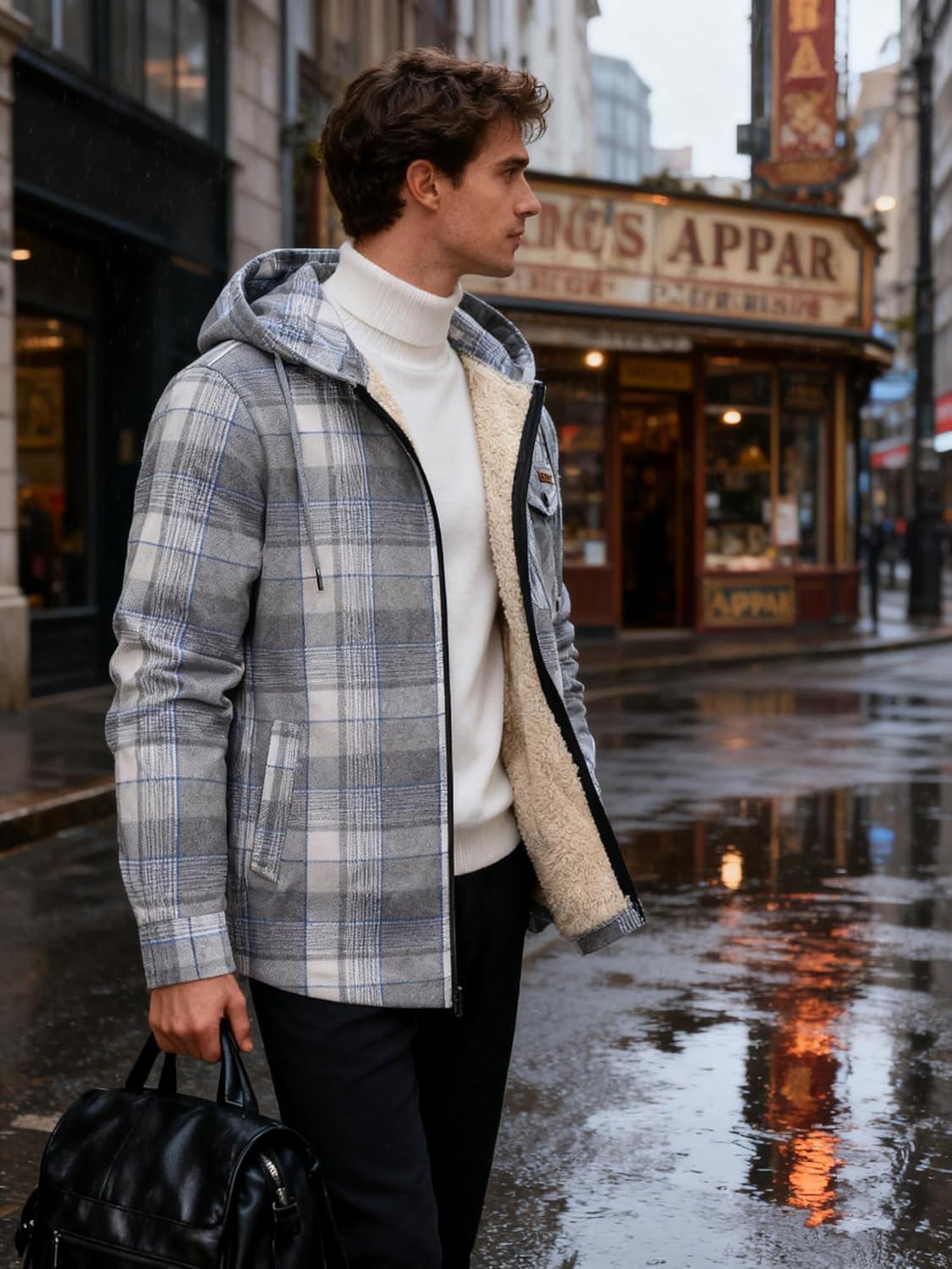 imageMens Cotton Plaid Shirts Jacket Flannel Fleece Lined Hoodies Sherpa Zip Up Hoodie with PocketGrey White