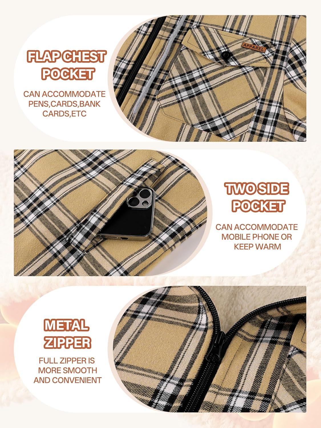 imageMens Cotton Plaid Shirts Jacket Flannel Fleece Lined Hoodies Sherpa Zip Up Hoodie with PocketKhaki Plaid