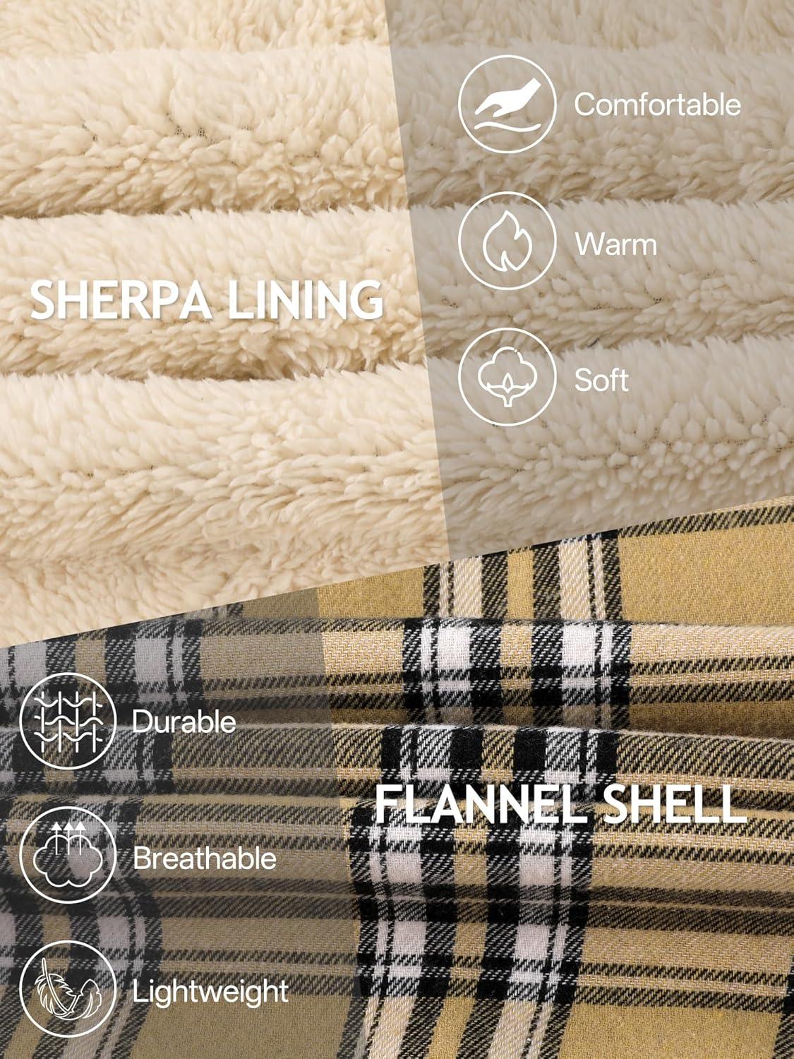 imageMens Cotton Plaid Shirts Jacket Flannel Fleece Lined Hoodies Sherpa Zip Up Hoodie with PocketKhaki Plaid