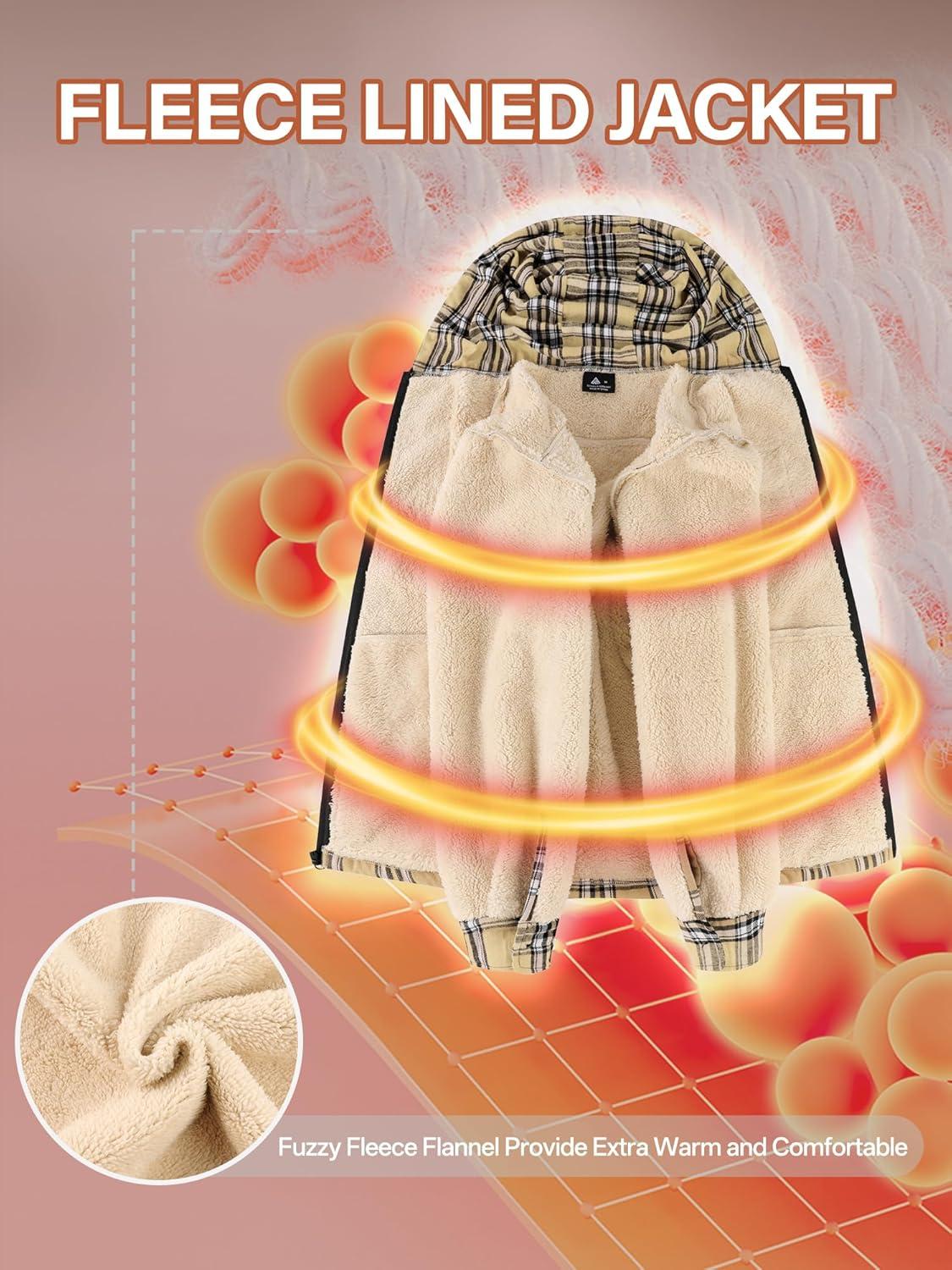 imageMens Cotton Plaid Shirts Jacket Flannel Fleece Lined Hoodies Sherpa Zip Up Hoodie with PocketKhaki Plaid