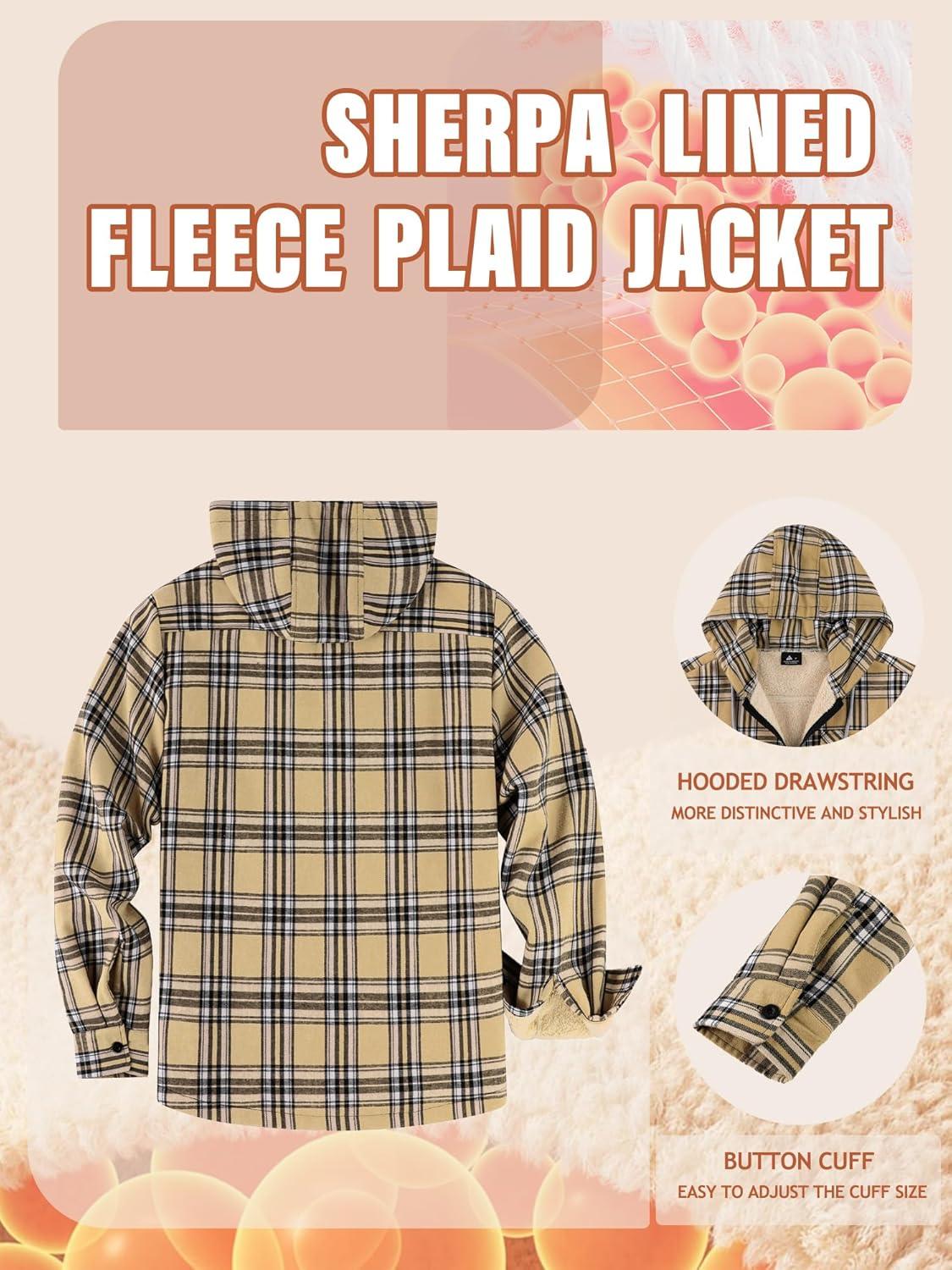 imageMens Cotton Plaid Shirts Jacket Flannel Fleece Lined Hoodies Sherpa Zip Up Hoodie with PocketKhaki Plaid