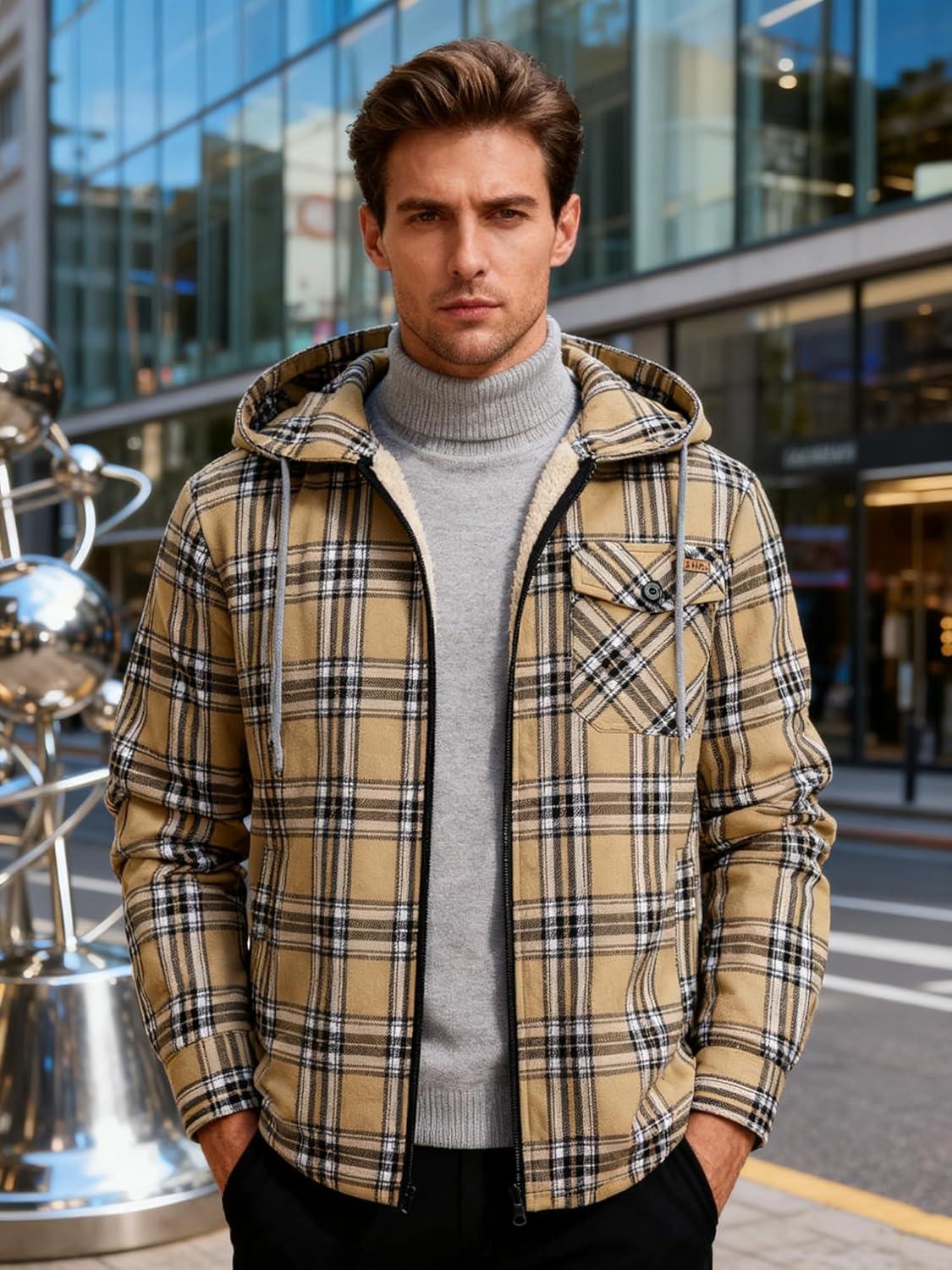 imageMens Cotton Plaid Shirts Jacket Flannel Fleece Lined Hoodies Sherpa Zip Up Hoodie with PocketKhaki Plaid