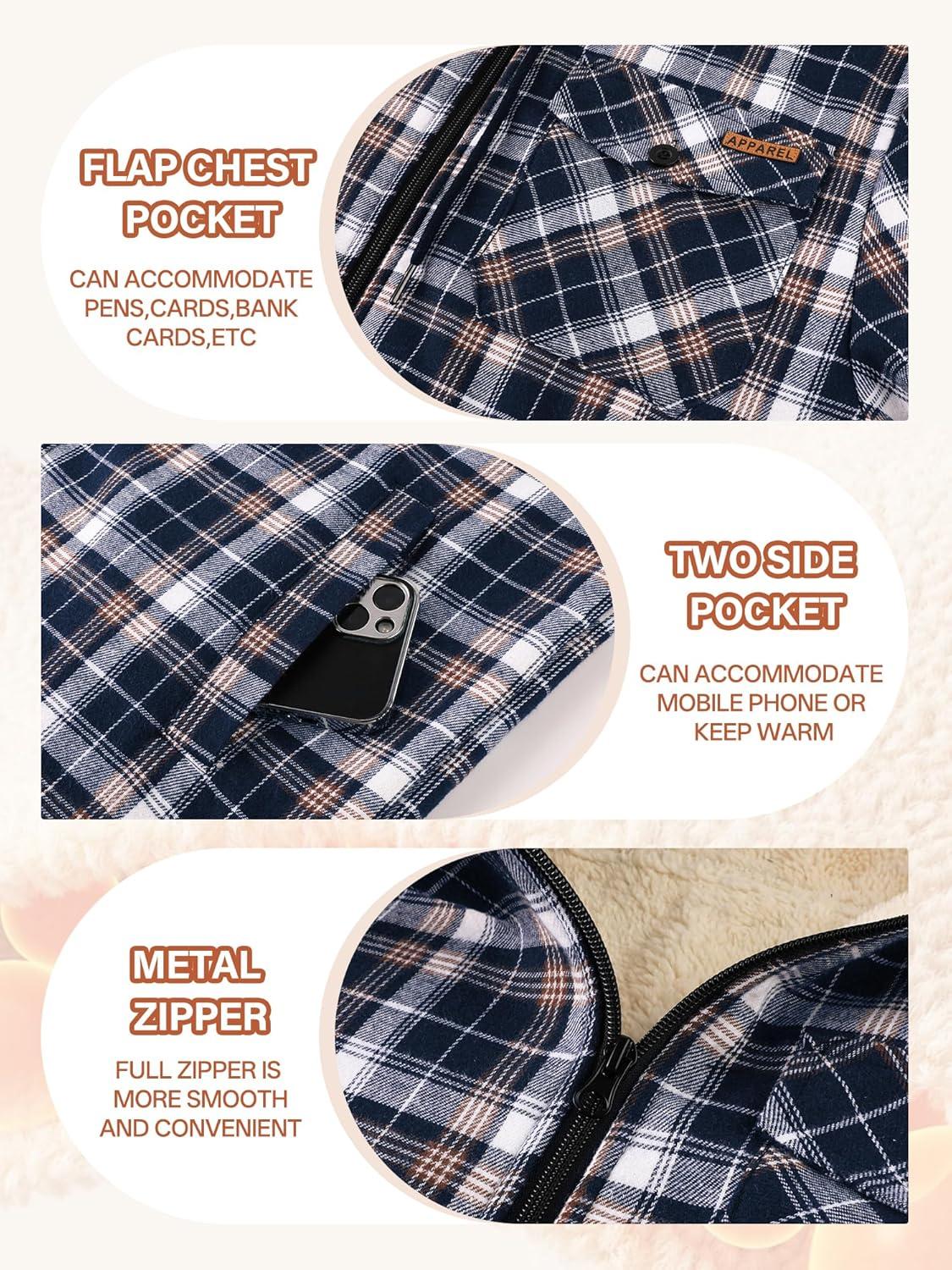 imageMens Cotton Plaid Shirts Jacket Flannel Fleece Lined Hoodies Sherpa Zip Up Hoodie with PocketNavy White
