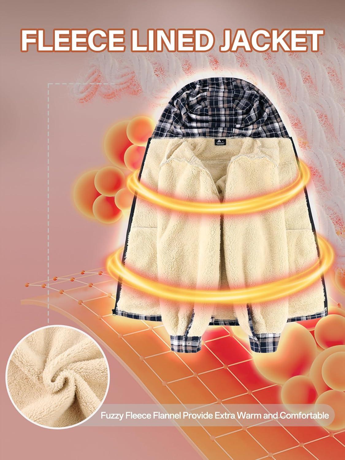 imageMens Cotton Plaid Shirts Jacket Flannel Fleece Lined Hoodies Sherpa Zip Up Hoodie with PocketNavy White