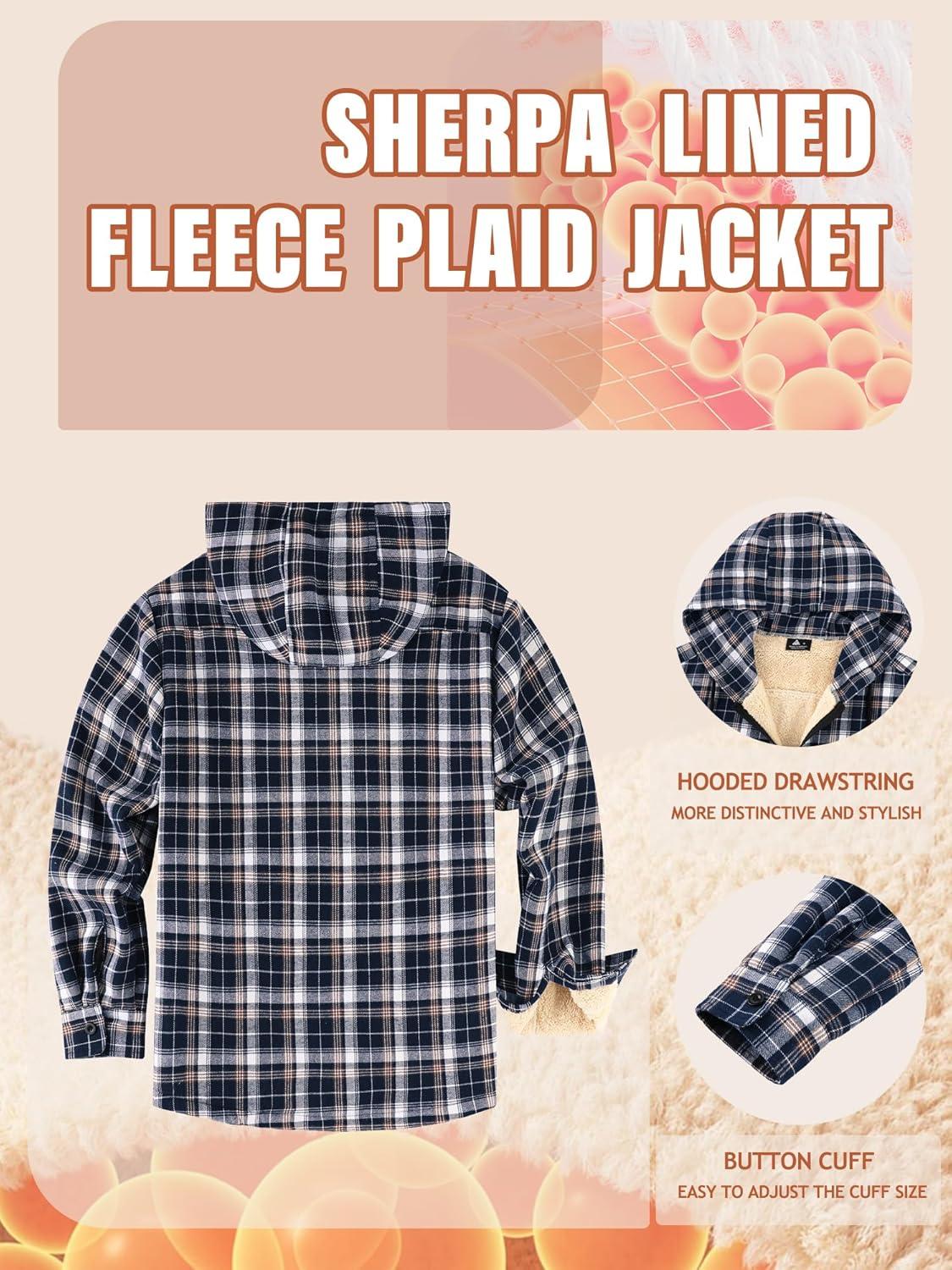 imageMens Cotton Plaid Shirts Jacket Flannel Fleece Lined Hoodies Sherpa Zip Up Hoodie with PocketNavy White