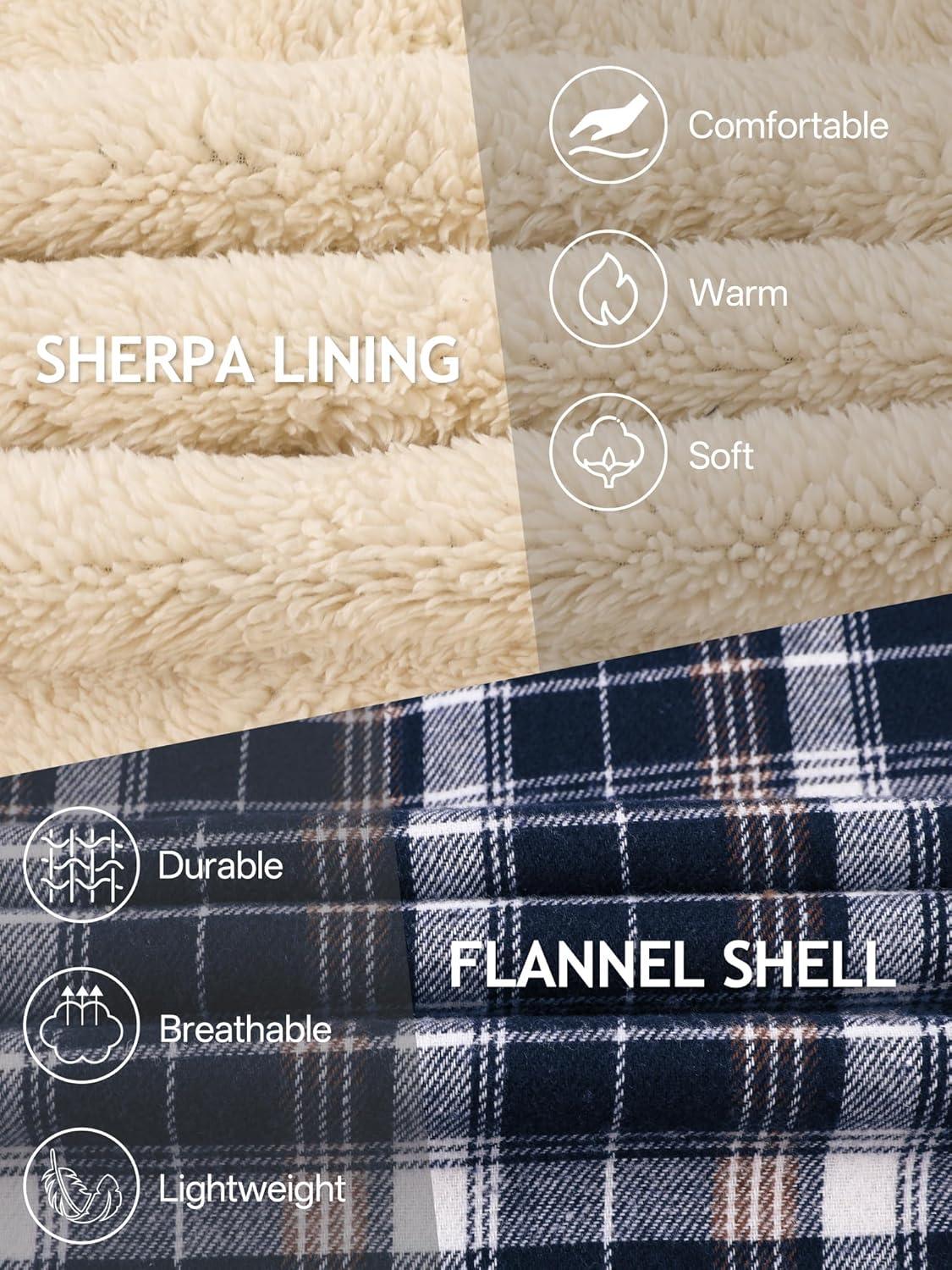 imageMens Cotton Plaid Shirts Jacket Flannel Fleece Lined Hoodies Sherpa Zip Up Hoodie with PocketNavy White