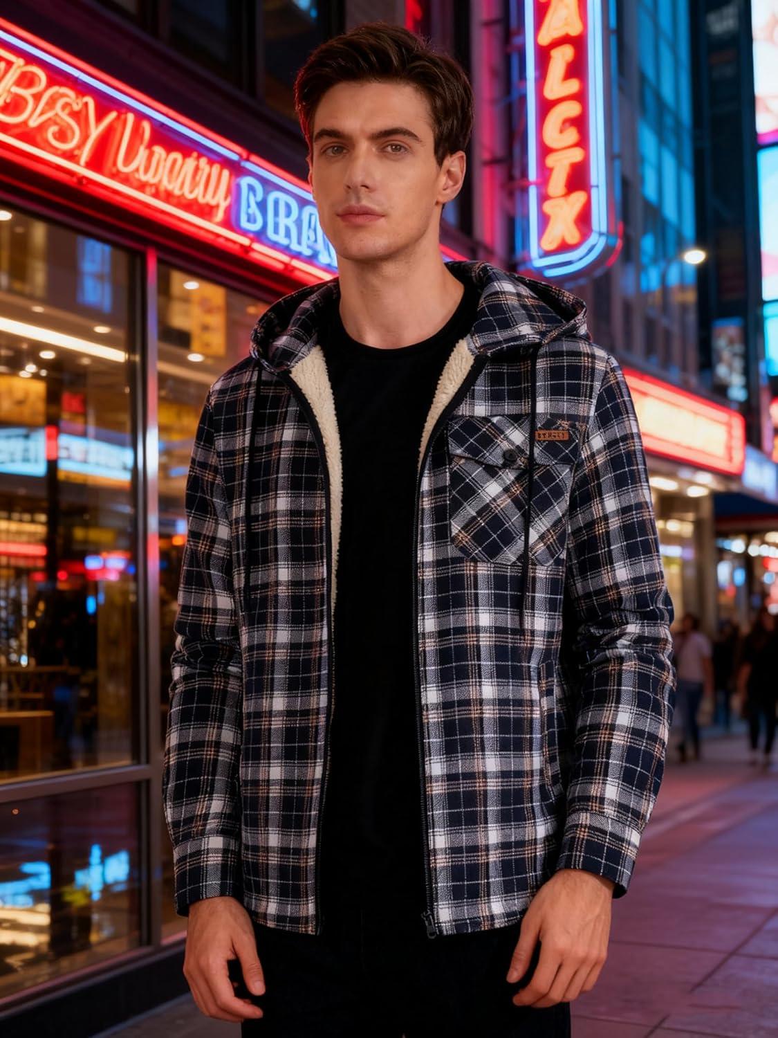 imageMens Cotton Plaid Shirts Jacket Flannel Fleece Lined Hoodies Sherpa Zip Up Hoodie with PocketNavy White