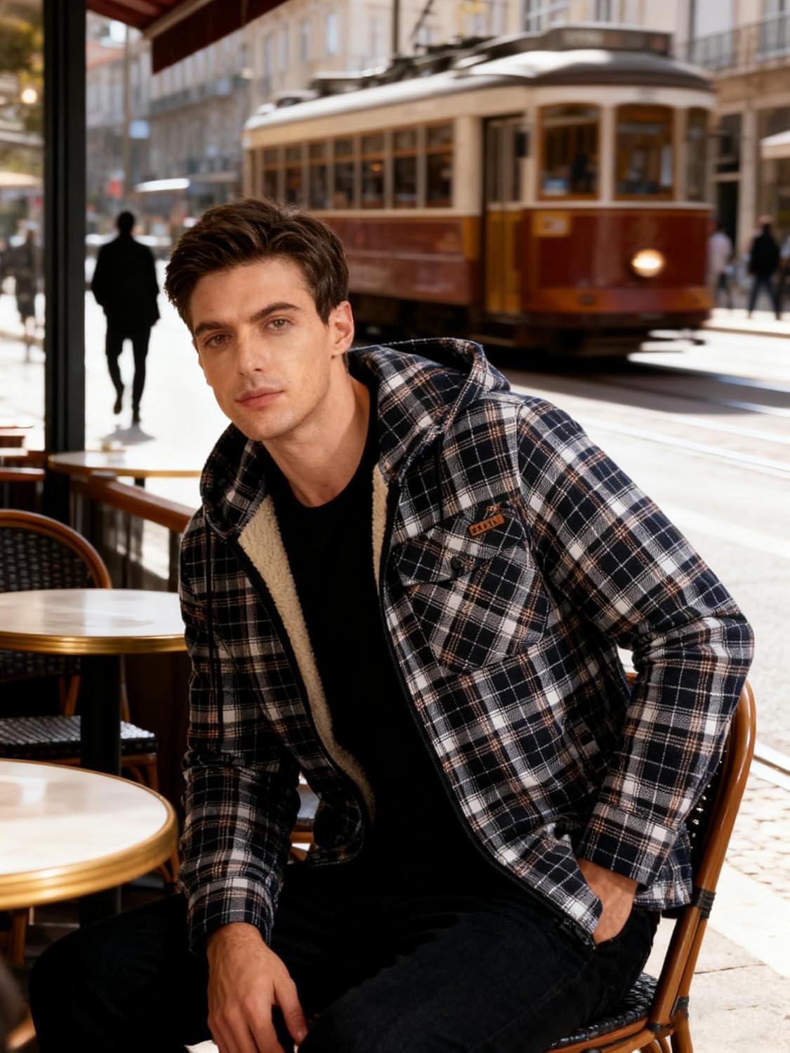 imageMens Cotton Plaid Shirts Jacket Flannel Fleece Lined Hoodies Sherpa Zip Up Hoodie with PocketNavy White