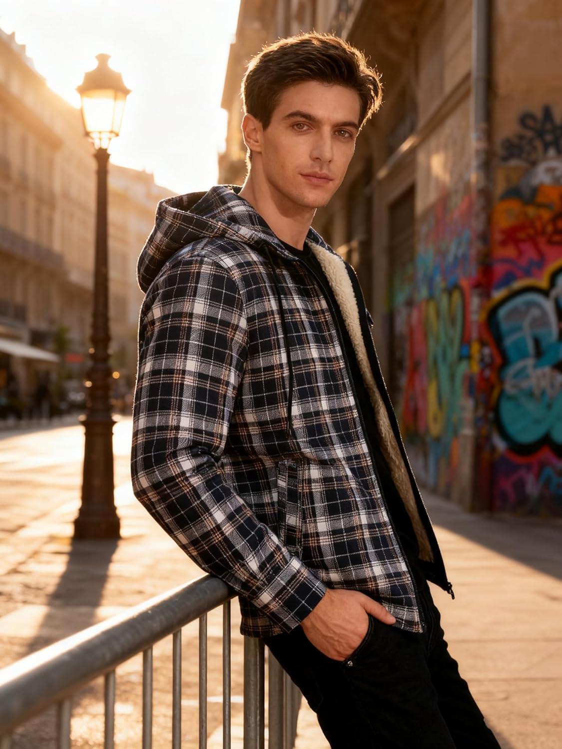 imageMens Cotton Plaid Shirts Jacket Flannel Fleece Lined Hoodies Sherpa Zip Up Hoodie with PocketNavy White